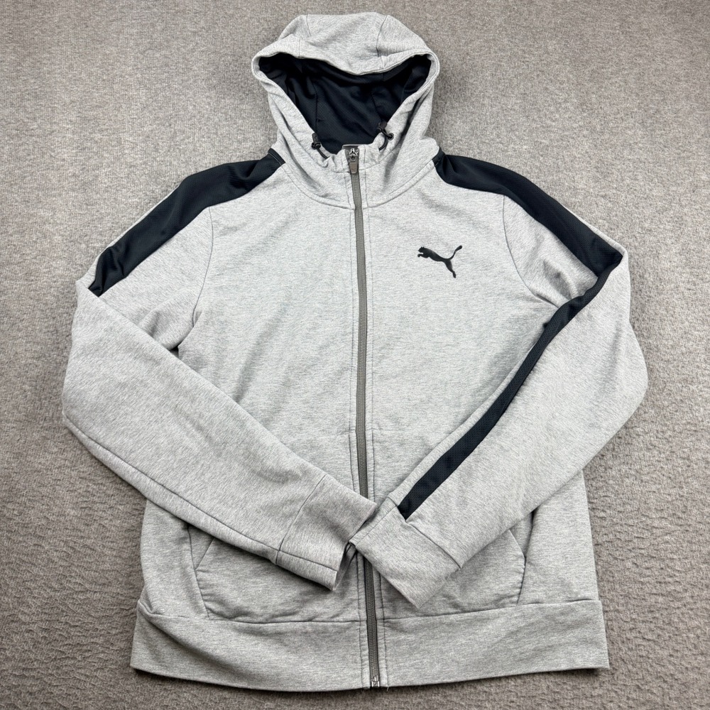 Puma Women's M Medium Full Zip Hoodie Gray Black Stripe Athletic Jacket
